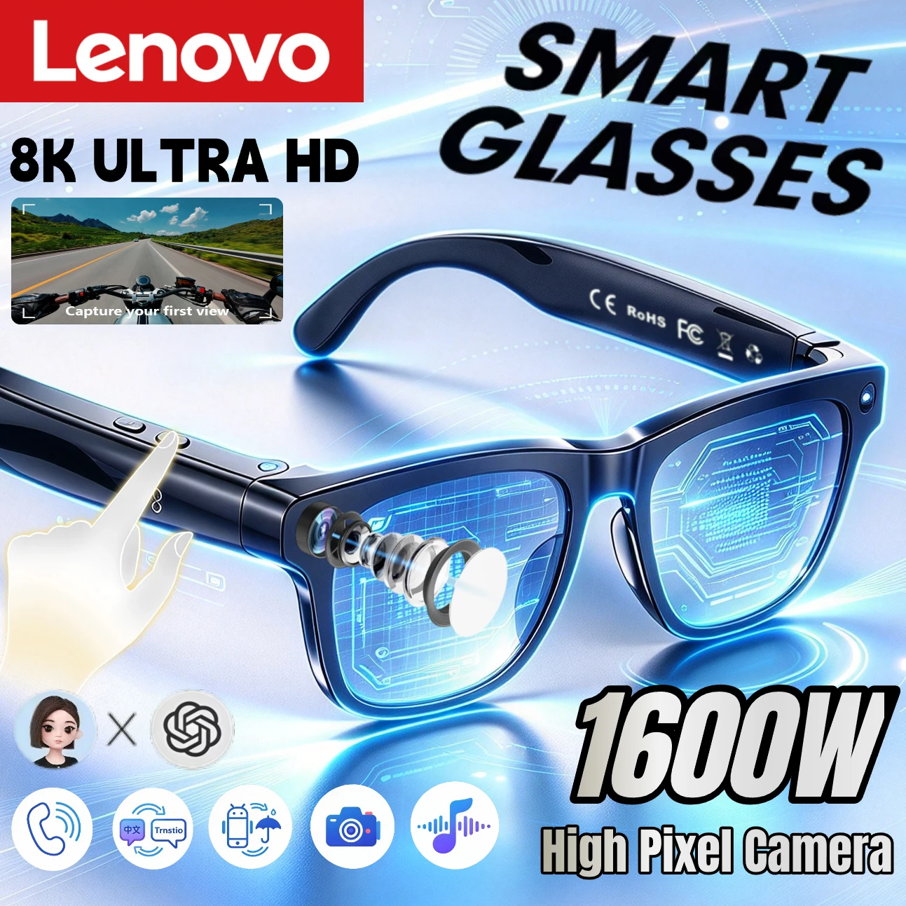 Lenovo With Upgrade Camera Voice Sunglasses Video Recording AI Photo Recognition 8K HD Smart Bluetooth Call Translation Glasses