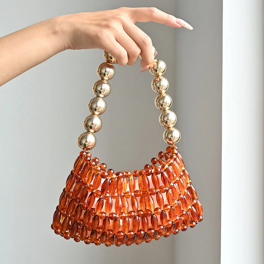 Retro exquisite amber handmade beaded armpit bag glazed bead metal round bead handle bag niche shoulder bag