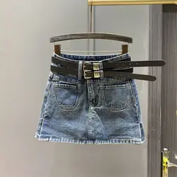 2023 Summer New Korean Retro Double Belt Split Short Skirt Pants High Waist Slim A-line Denim Skirt Fashion
