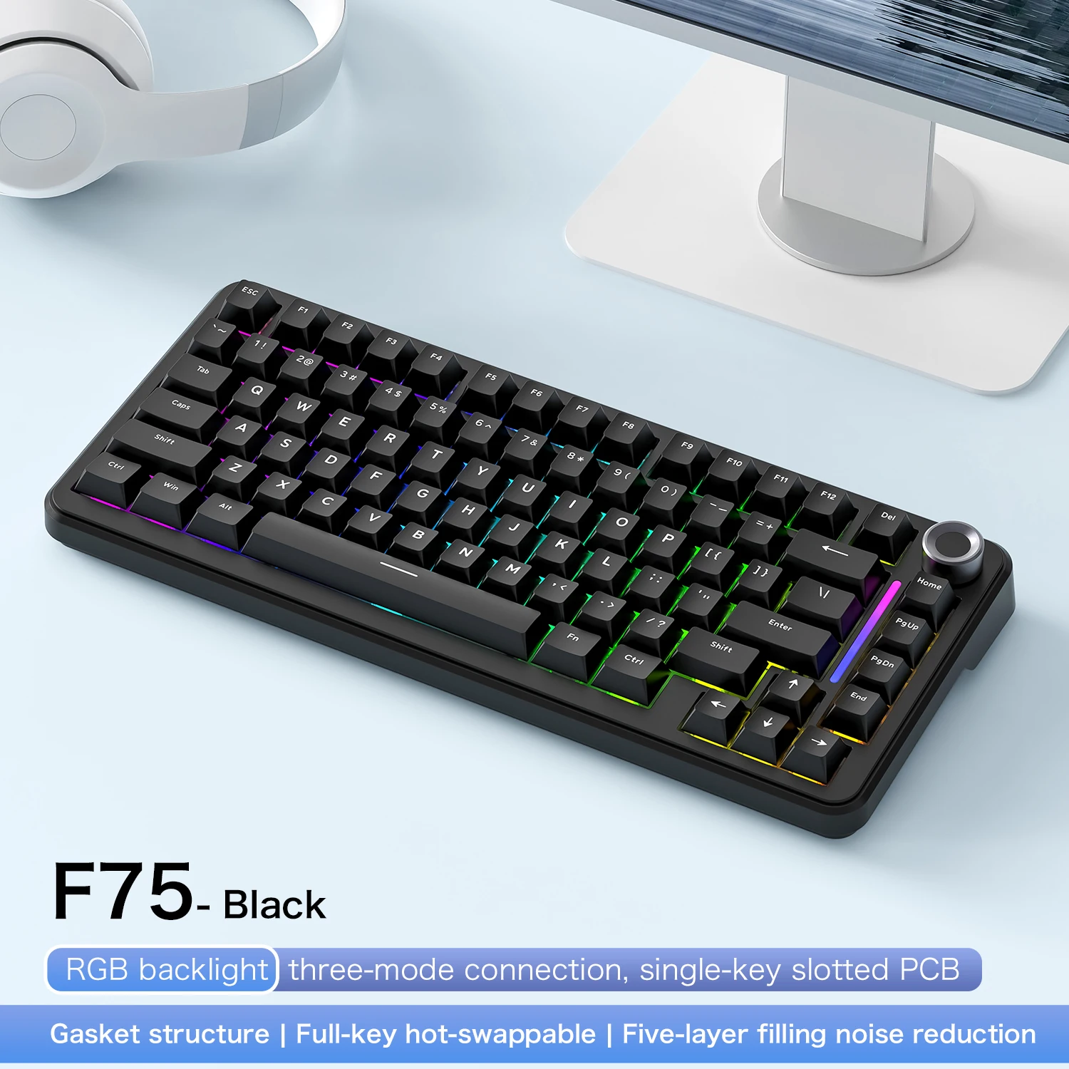 75% Hot Swap Gaming Keyboard Wireless FREEWOL F75 RGB Mechanical Keyboard with Metal Knobs AULA F75 Same Model,Tri-Mode,4000 mAh