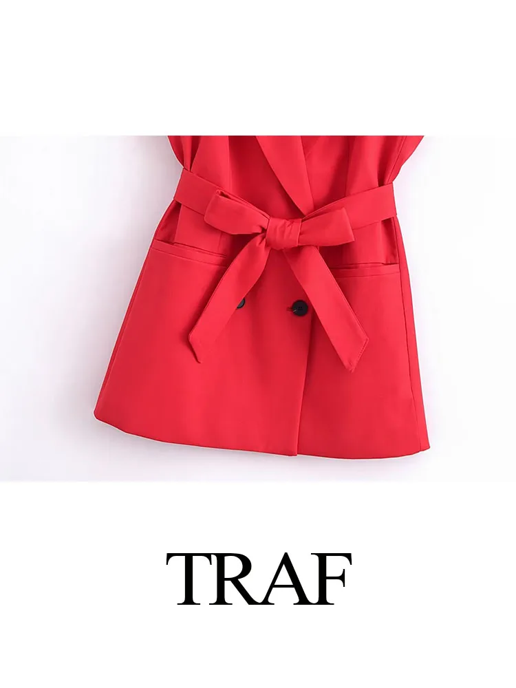 TRAF 2023 Autumn Woman Red Pants 2 Pieces Set Turn-Down Collar Sleeveless Pocket Belt Outerwear+ High Waist Zipper Trousers