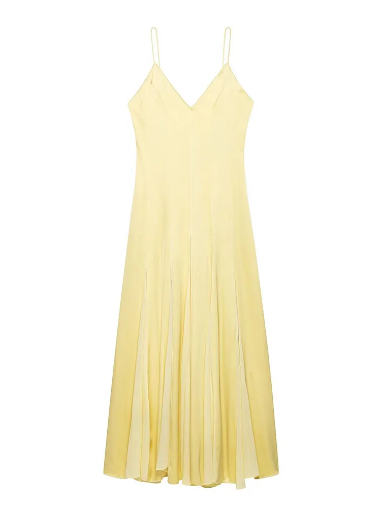 Vestido largo de satén elegante con cuello en V para mujer, cintura ajustada, bajo fluido con godet transparente, ideal para fiestas, cenas y citas.