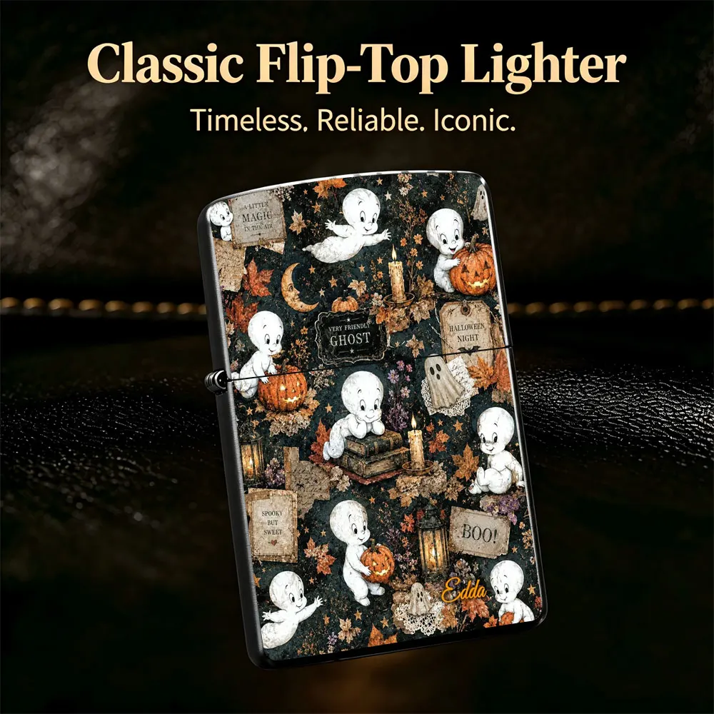 Pocket Lighter, Halloween Ghosts & Pumpkins Print, Flip Top Windproof, Metal Case, Ergonomic Grip, Refillable, Portable Retro Gift