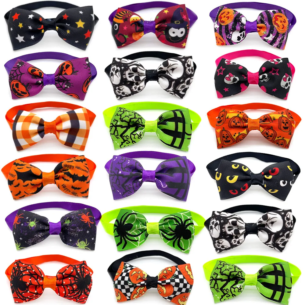 50 Pcs Halloween Style Dog Bow Tie Pumpkin Bat Skull Style Dog Grooming Accessories Small Dog Bow Tie Holiday Grooming Product