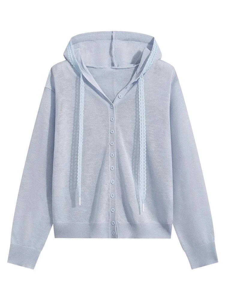 Zjaiss Sommer 2026 Damen Strick-Cardigan mit Spitzenriemen, Sonnenschutz, koreanischer Stil, lässig, mit Kapuze, dünn, einreihig