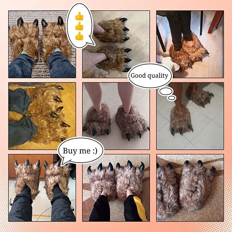 Funny bear claw slippers for adults men\'s novelty fluffy animal paw slipper home floor shoes cosplay prop man furry slides