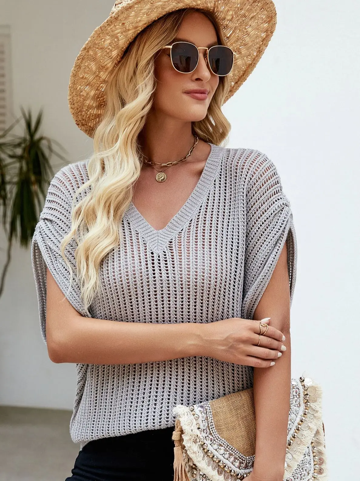 

Womens Summer V Neck Short Sleeve Sweater Casual Crochet Hollow Out Knit Tops Pullover Shirts Beach Coverup