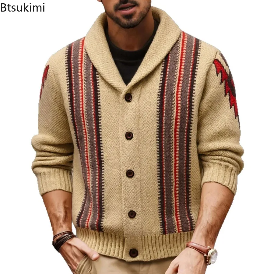 الراقية محبوك البلوزات للرجال الخريف الشتاء الرجعية الجاكار سترة طويلة الأكمام محبوك معطف شتاء معاطف ملابس رجالية جديدة #2