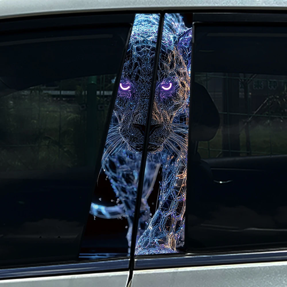 2PCS Futuristic Cyber Leopard Car B-pillar Decal Waterproof Vinyl Window Sticker, Scratch Cover for Universal Car Models
