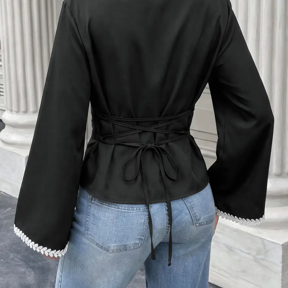 Autumn Women Blouse Color Block Shirt Elegant Boat Neck Flare Sleeve Slim Fit Lace Up Waist A Line Office Wear Tops
