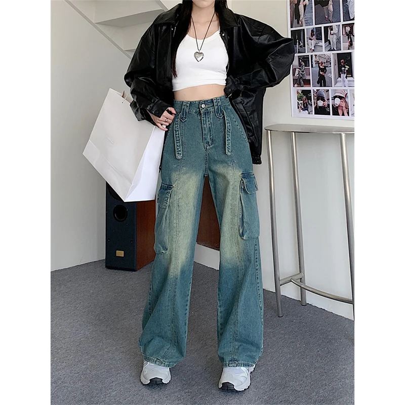 

WCFCX STUDIO Casual Hip Hop Jeans for Women Wide Leg Loose Straisht Cargo Trousers Harajuku Streetwear Fashion Pants