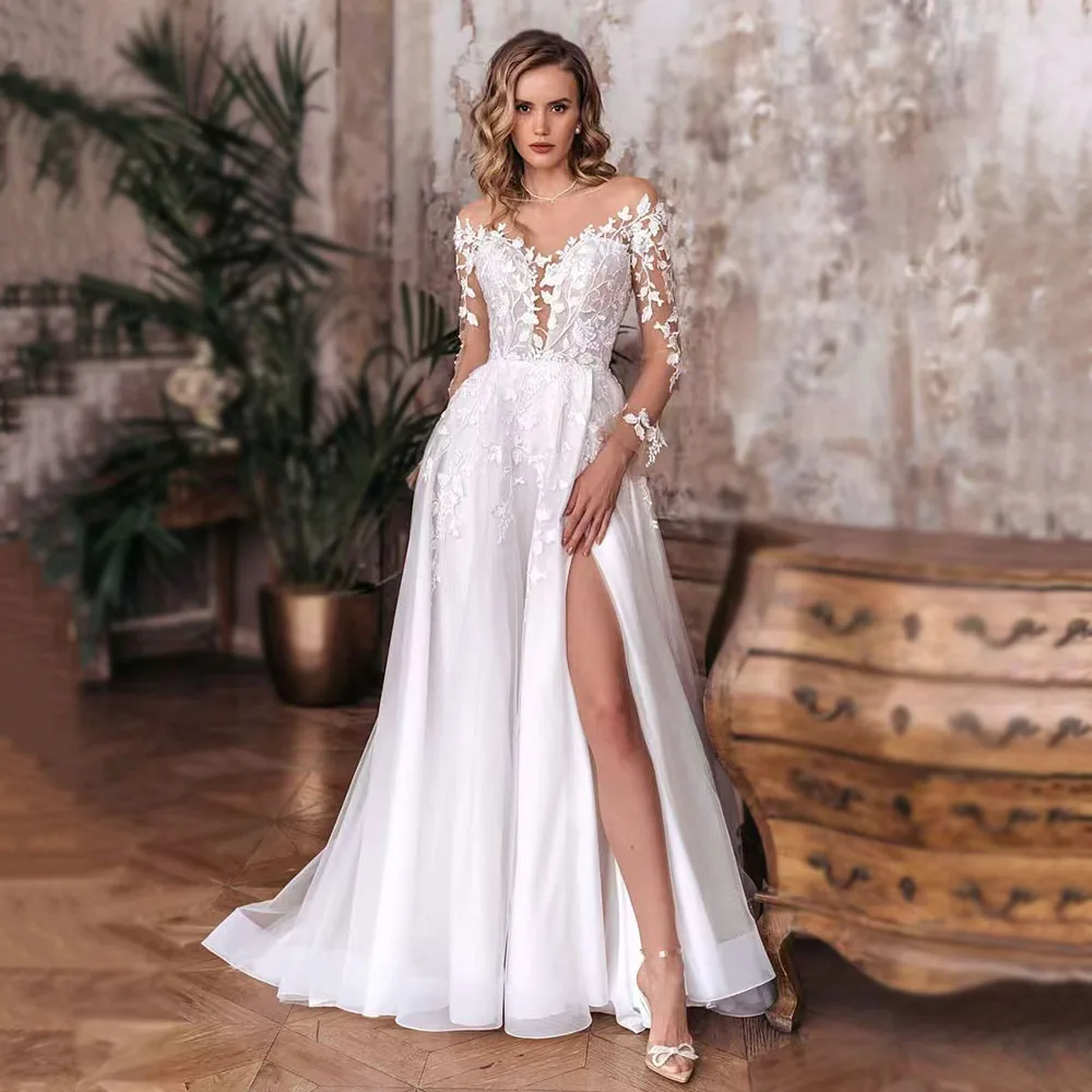 

Luxury A-Line Wedding Dresses Illusion Women Scoop neck Long Sleeve Bridal Dress Side Split Tulle Lace Bridal Gown Customized