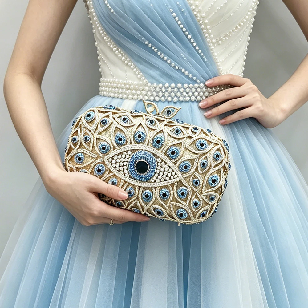 WHTUOHENG Crystal Evening Clutches Bags Multicolored Diamond Gold Metal Bag Hollow Out Luxury Designer Handbags Lady Girl Dinner