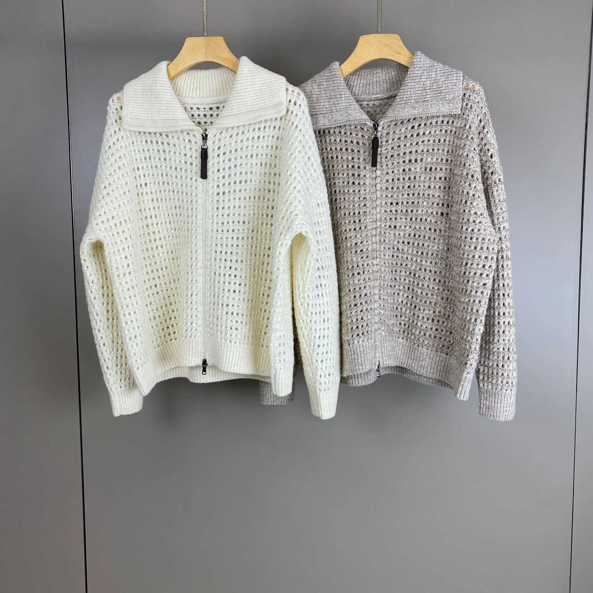 Women's 2026 Autumn Winter New Wool and Cashmere Bead Hollow Collar Knitted Cardigan