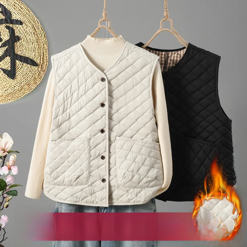 

Retro Cotton Vest Women's Autumn Winter Outerwear Svel Warmth Bal Tank Top Single Button Thin Sle Pure Color