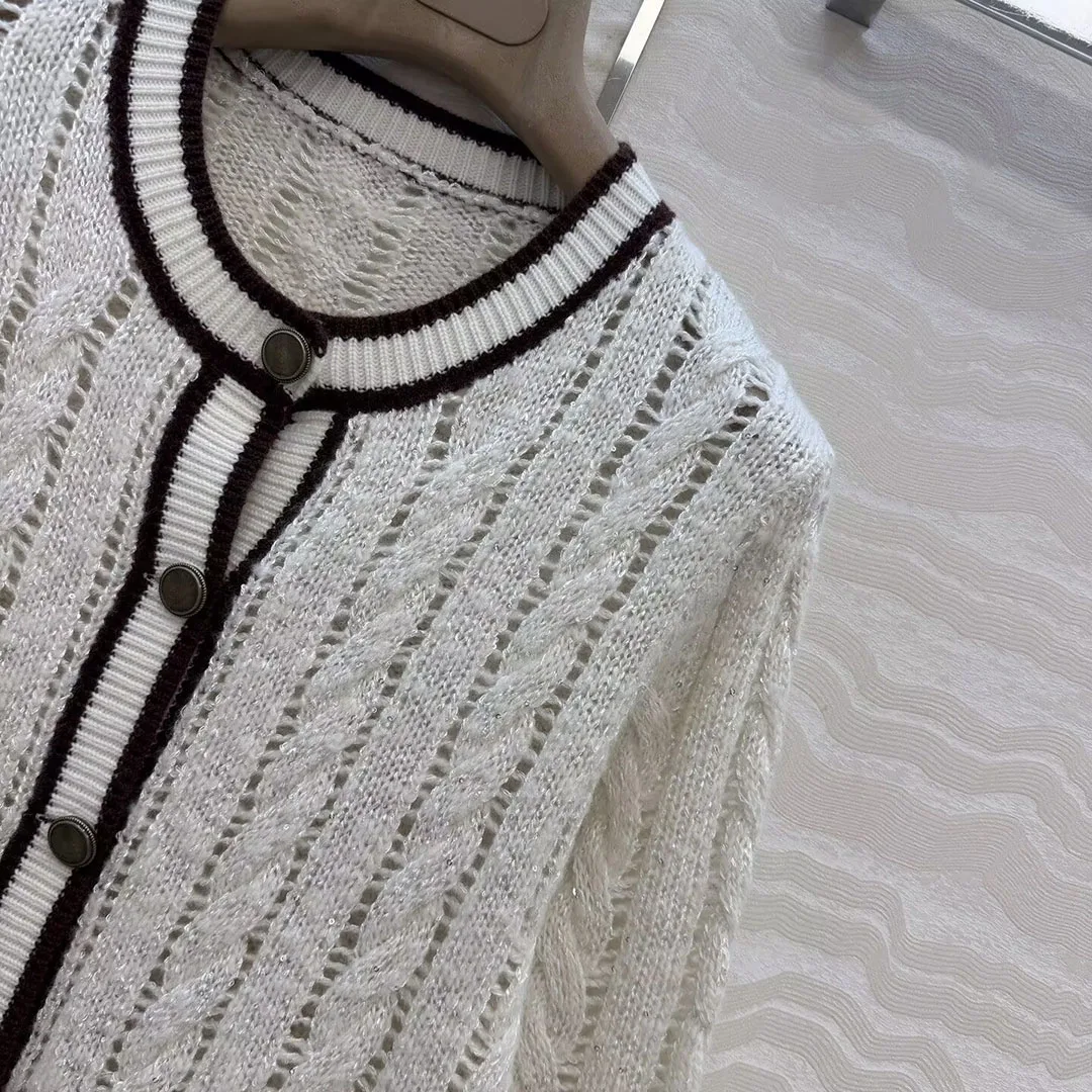 Luxury Embroidery Sequins Striped Edge White Knitted Cardigans Women New Autumn Hollow Out Twist Crochet Old Money Style Sweater