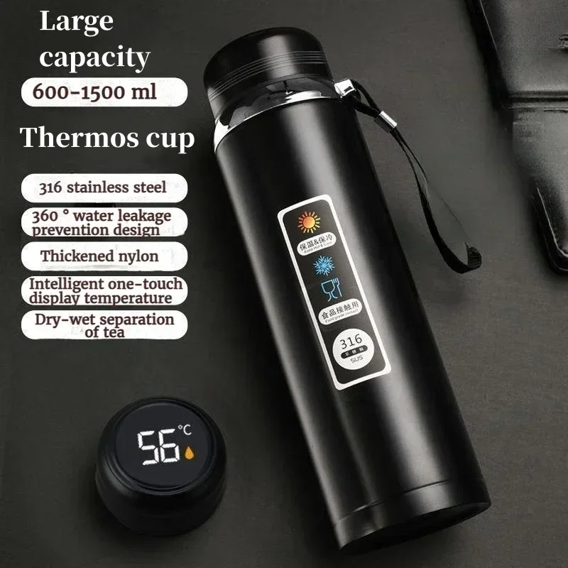 Botella de agua de acero inoxidable 316 de 1.5L con temperatura inteligente, termo portátil, vaso, taza aislada, frasco de vacío