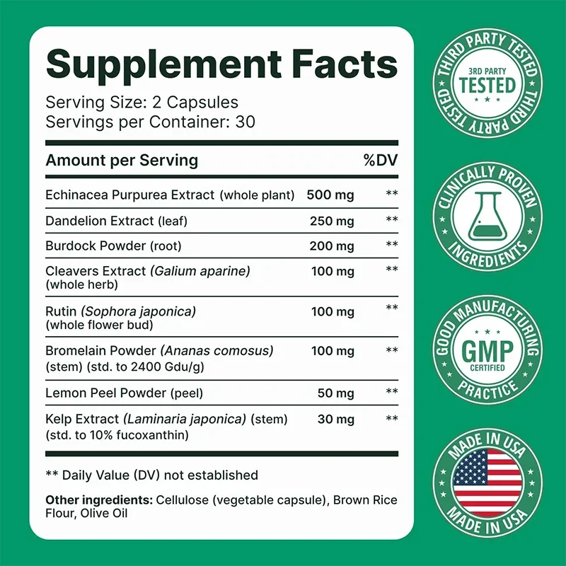 Containing Dandelion, Burdock, and Echinacea, It Supports Bloating, Fluid Balance, and Daily Lymphatic Health -60 Capsules