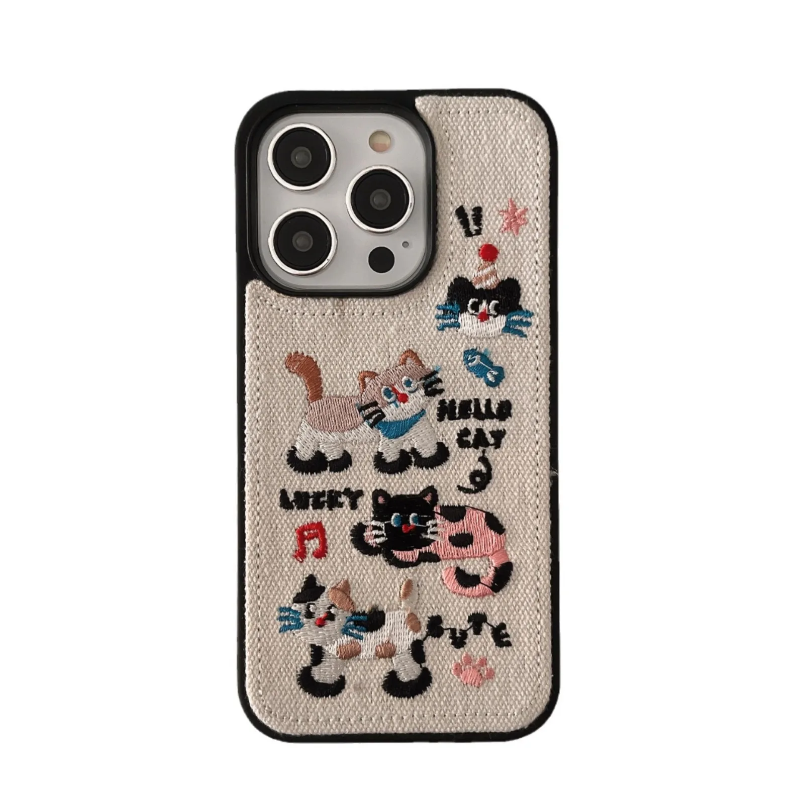 Embroidered Cat Denim Pattern Phone Case For iPhone 16 15 14 13 12 Pro Max Full Cover