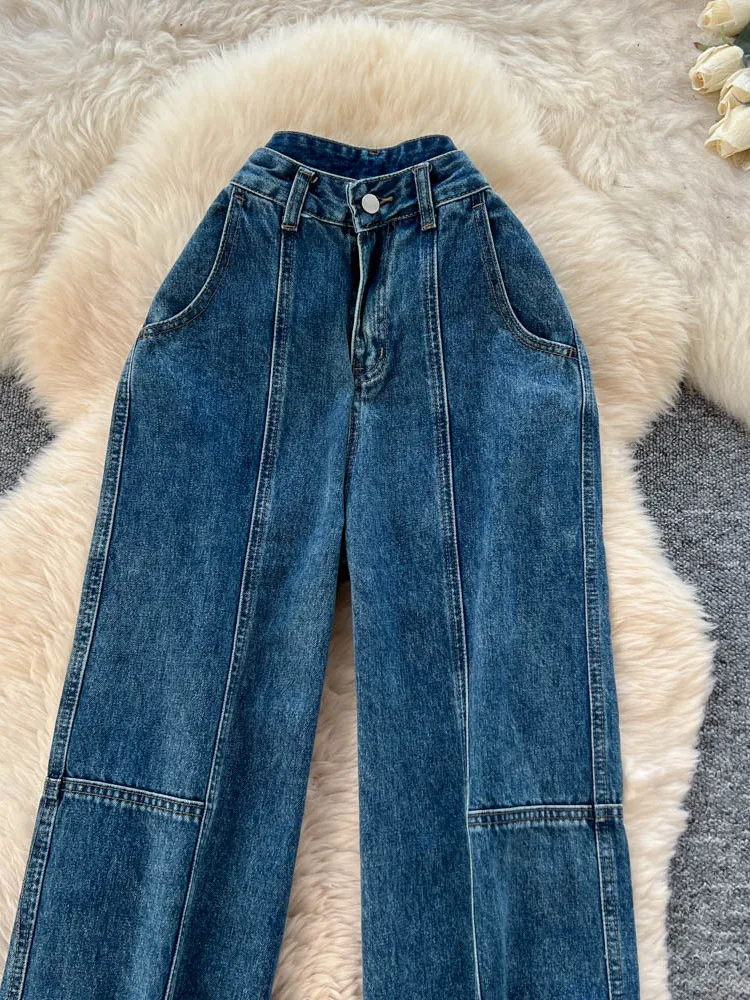 الرجعية هونغ كونغ Sle عالية الخصر واسعة الساق الجينز المرأة فضفاضة التخسيس الدنيم مستقيم الساق السراويل الخريف الشتاء تصميم Faion