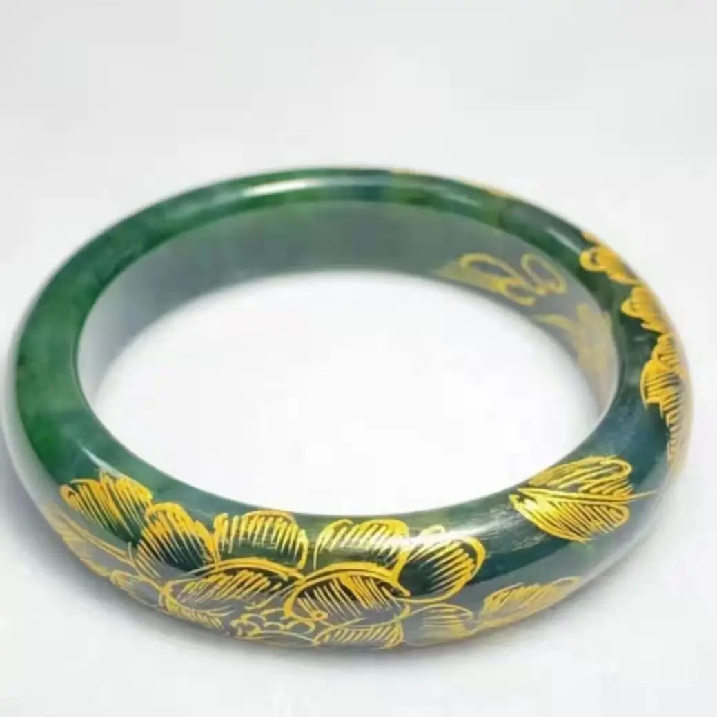 Natural Green Jade Bangle Women Healing Gemstone Fine Jewelry Genuine Hetian Jades Nephrite Gilding Lotus Flower Bangle Bracelet