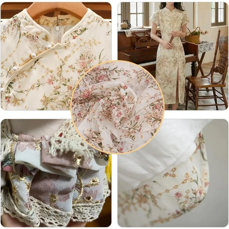 2 Yards/1.8m Embroidered Eyelets Chiffon Fabric 60inch Rice White Flower Embroidery Fabric Floral Printing Trim for Sewing DIY