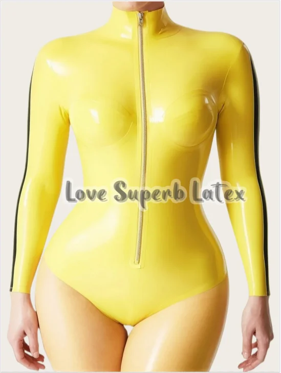 

Rubber Fetish Women Yellow Latex Bodysuit Long Sleeve High Neck Black Stripe Zipper Club Party Wear Halloween