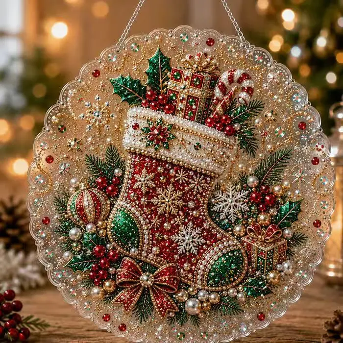 DIY Weihnachts-Perlen-Diamant-Malerei-Anhänger, runde Acrylplatte, 2D flache Perlen-Bastelarbeiten, Feiertags-Fenster- und Wanddekoration – Detail 25