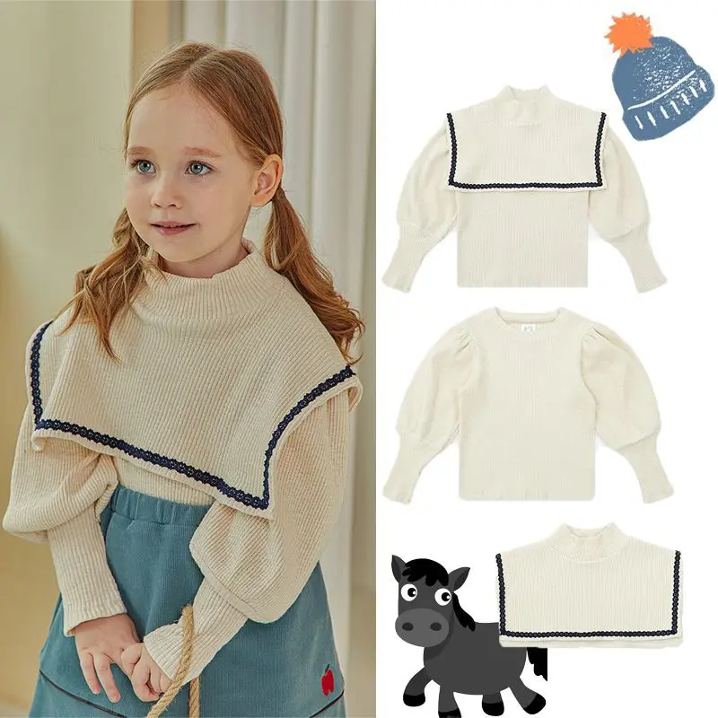 

Jenny&Dave Spot 2023 Winter New Product Girls' Fashionable Casual Top Small and Medium Children's Lace Collar Shawl Pullover Swe