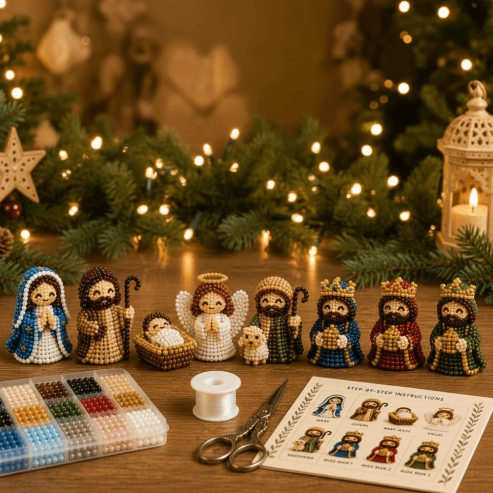 3D Nativity Scene Bead Craft DIY Kit Handmade Beginner-friendly Nativity Beaded Figures Craft Kit with Guidance Mini