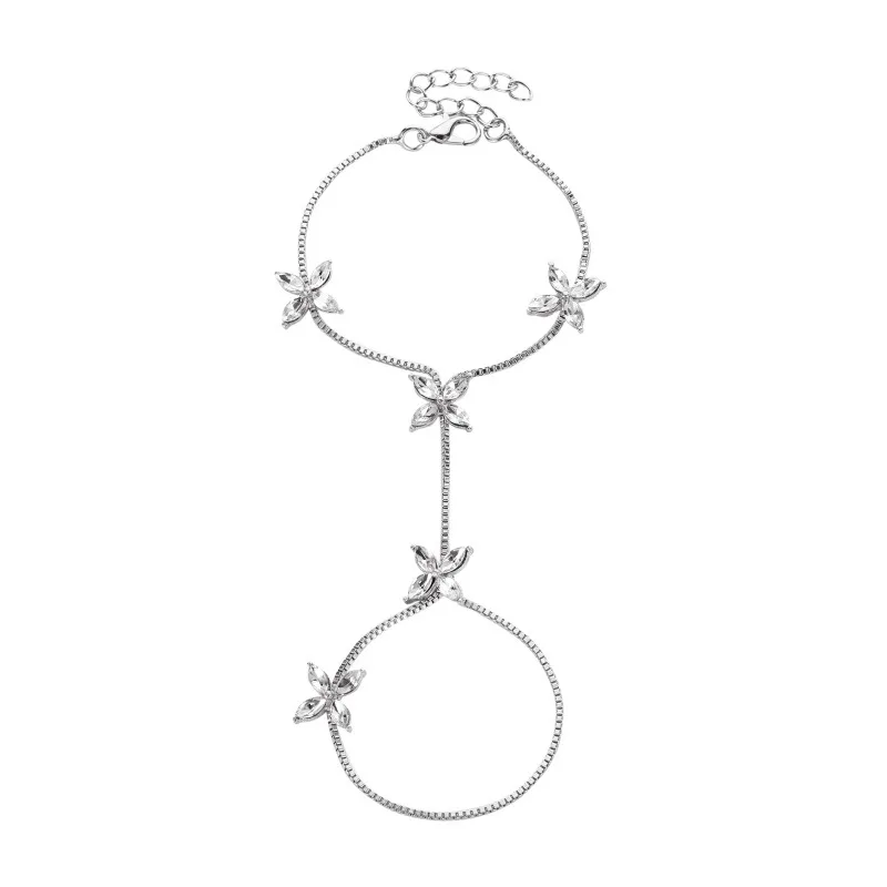 Korean version  little fresh hand decoration sweet little flower horse eye zircon finger chain female temperament four-leaf flow image 5