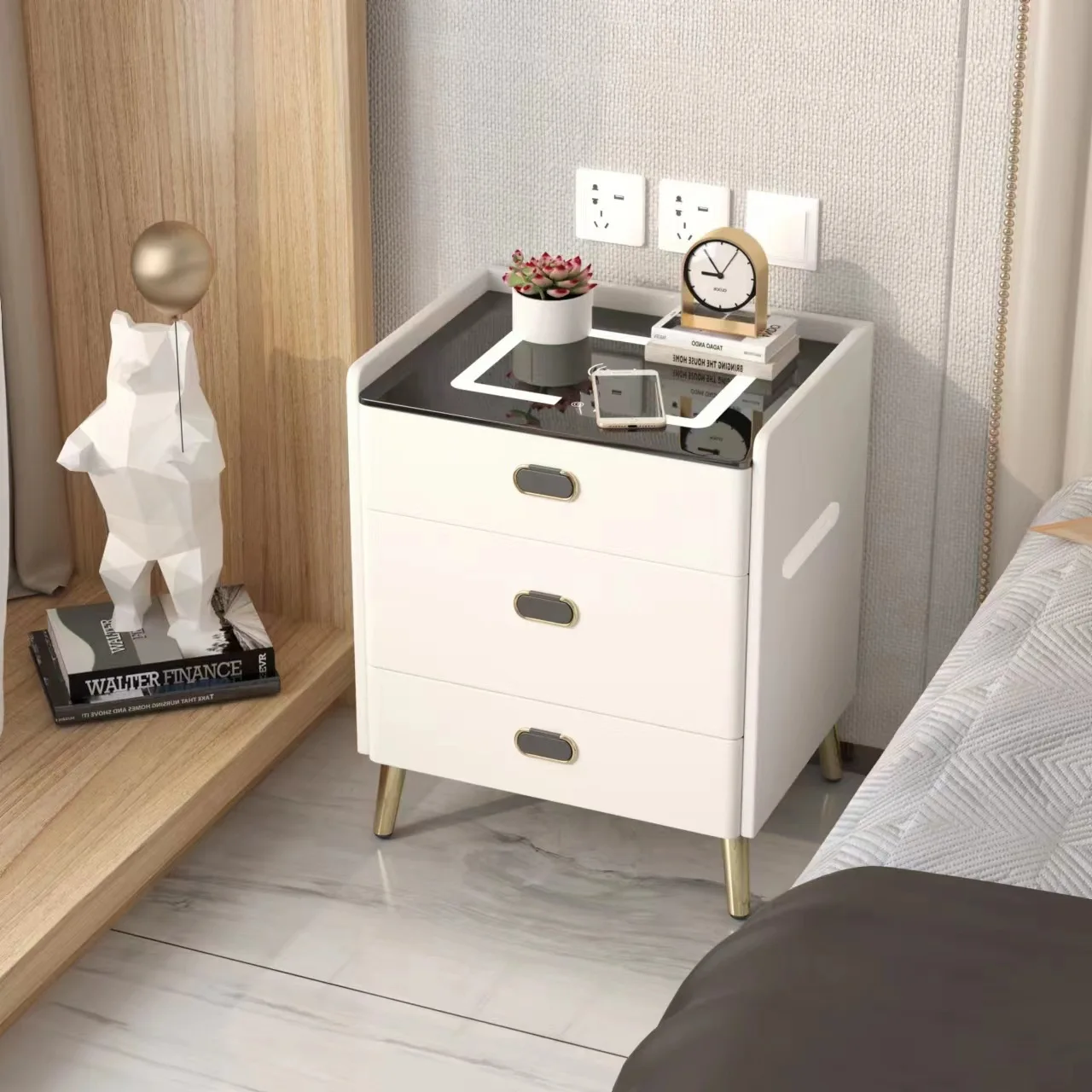 All solid wood smart bedside table with safe, integrated wireless charging, modern and simple, multi-functional Bluetooth audio