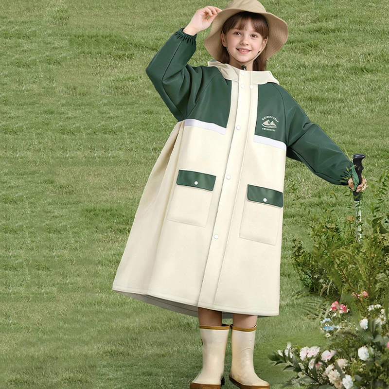 New Children's School Raincoat College Style EVA Full Body Waterproof Raincoat Zip and Snap Closure Student Hiking Raincoat