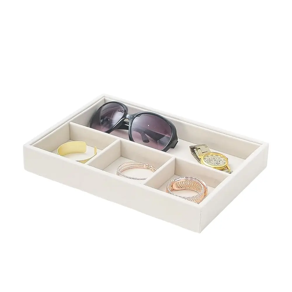 

Beige 4Grid Bedside Organizer - Multi-Use Holder For Desk, Nightstand, Drawer - Catchall Tray For Jewelry, Sunglasses, Phone,