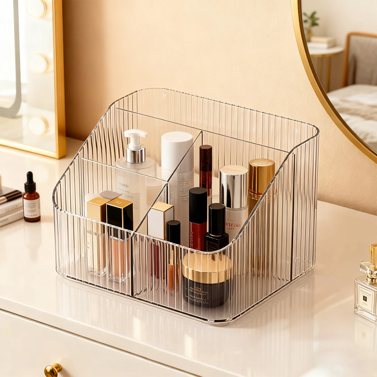 1pc Acrylic 4-Panel Cosmetics Storage Box with Vertical Stripes/Water Ripples Desktop Children's Hair Accessories Storage Box