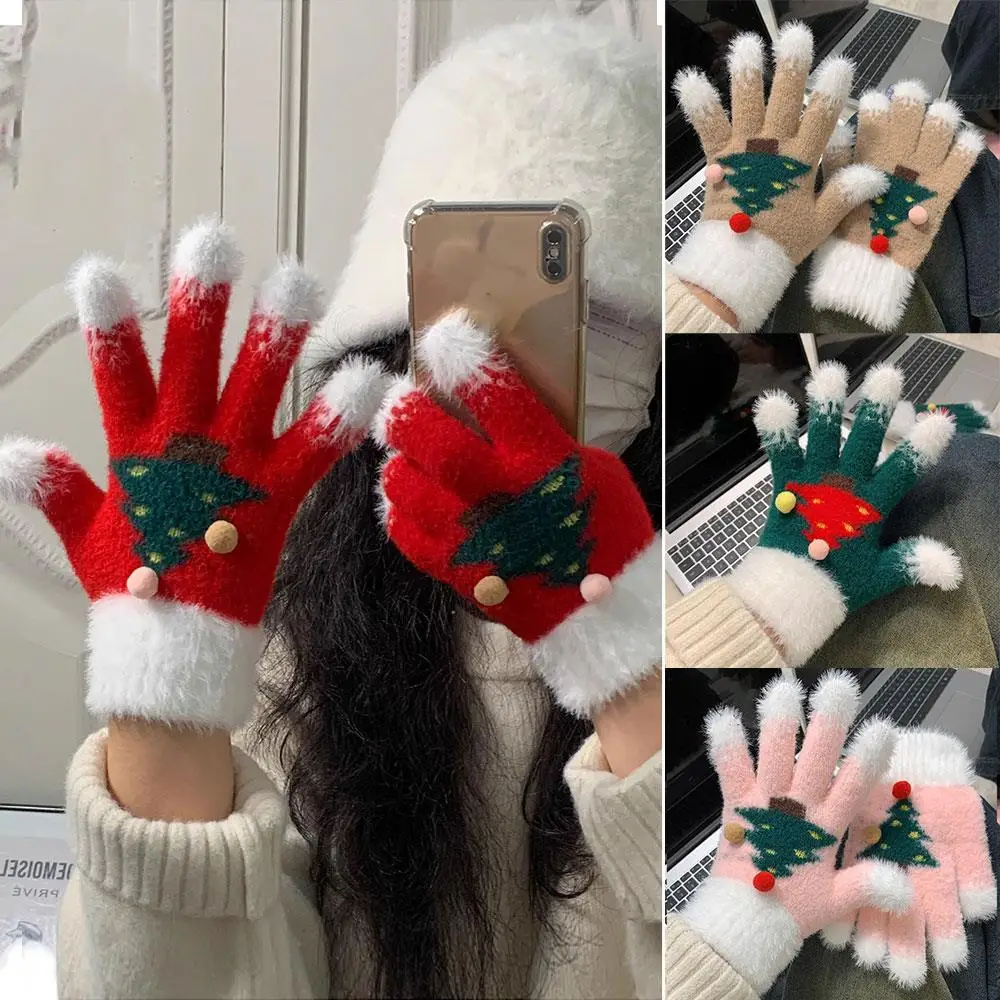 

Snowflake Christmas Tree Gloves For Women Full Finger Knit Warm Mittens Fluffy Fur Skiing Glove Fingers Touch Screen Gloves