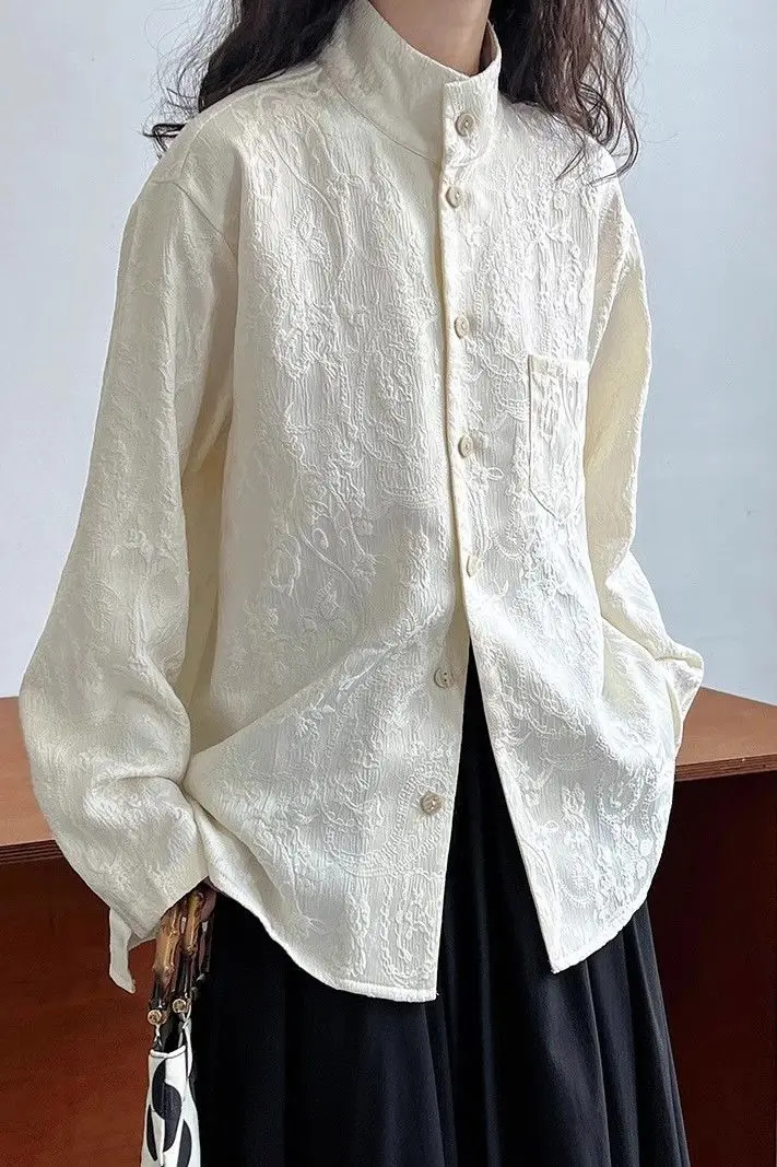 

2025 Spring and Autumn New Chinese Style Dress Loose Pattern Embroidered Design Single Breasted Stand Up Collar Shirt
