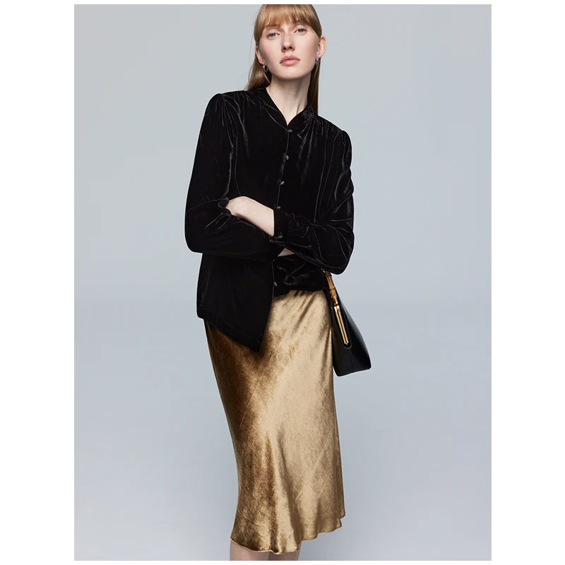 เสื้อเชิ้ตผู้หญิงผ้าไหมกำมะหยี่หรูหรา 100% แขนยาว คอตั้ง สไตล์ฝรั่งเศส สวยสง่า เนื้อผ้านุ่มละมุน อ่อนโยนต่อผิว