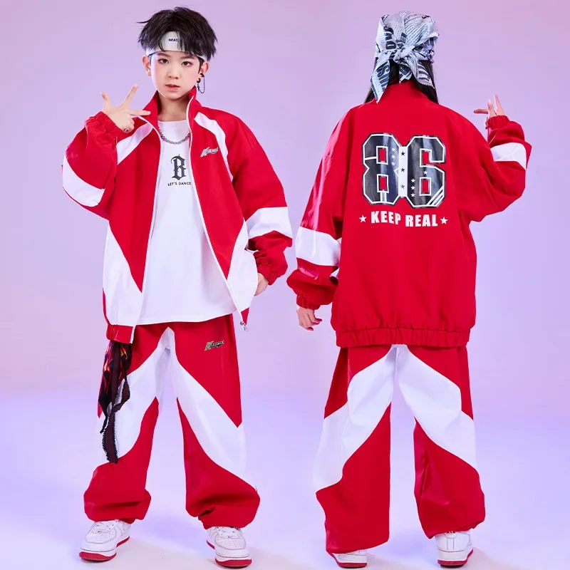 Performance Glossy Kid Hip Hop Clothing Block Windbreaker Jacket Casual Jogger Pants Girl Boy Jazz Dance Wear Costumes Clothes