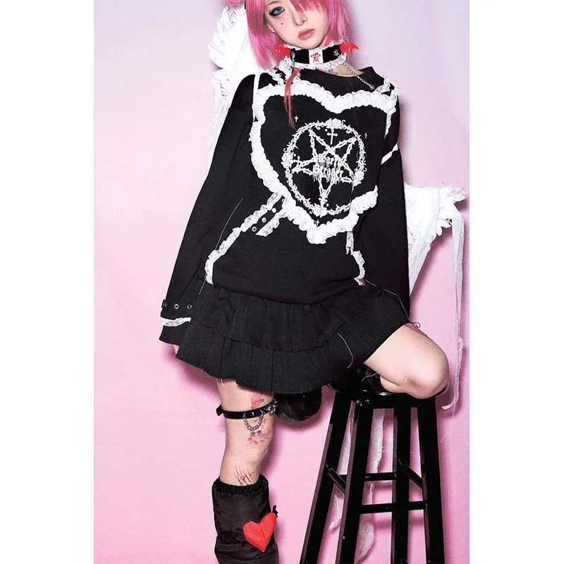 HBreaker Original Design Gothic Sweatshirt Women Lace Star Love Printing Punk Girls Pink Black Hoodies Pullover Women