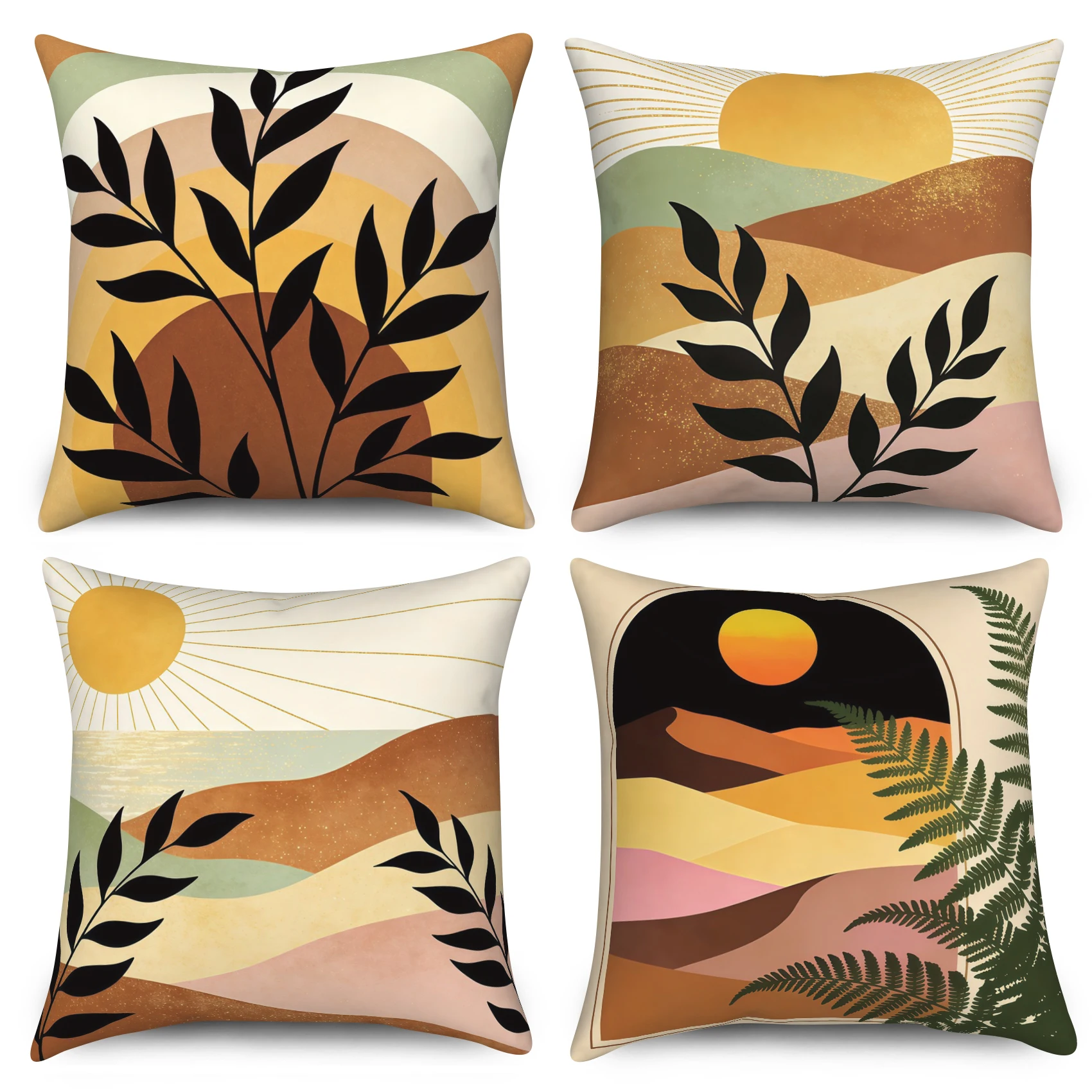 Bohemian Abstract Nature Pillow Covers 4 Pack Minimalist Sun Mountain Polyester Linen Pillowcases  for Bedroom Living Room Decor