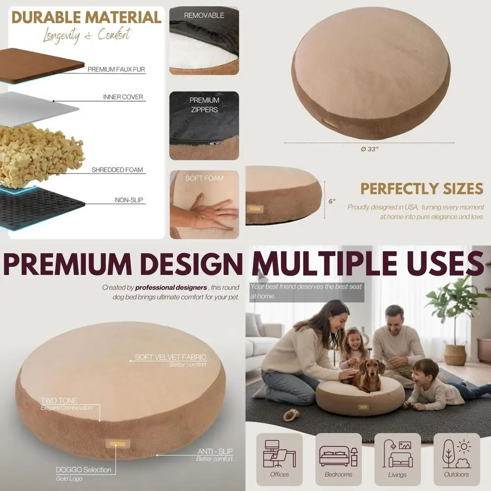 

33 Washable Round Dog Bed for Small to Medium Dogs - Soft Foam Cushion, Non-Slip, Stylish Brown & Beige