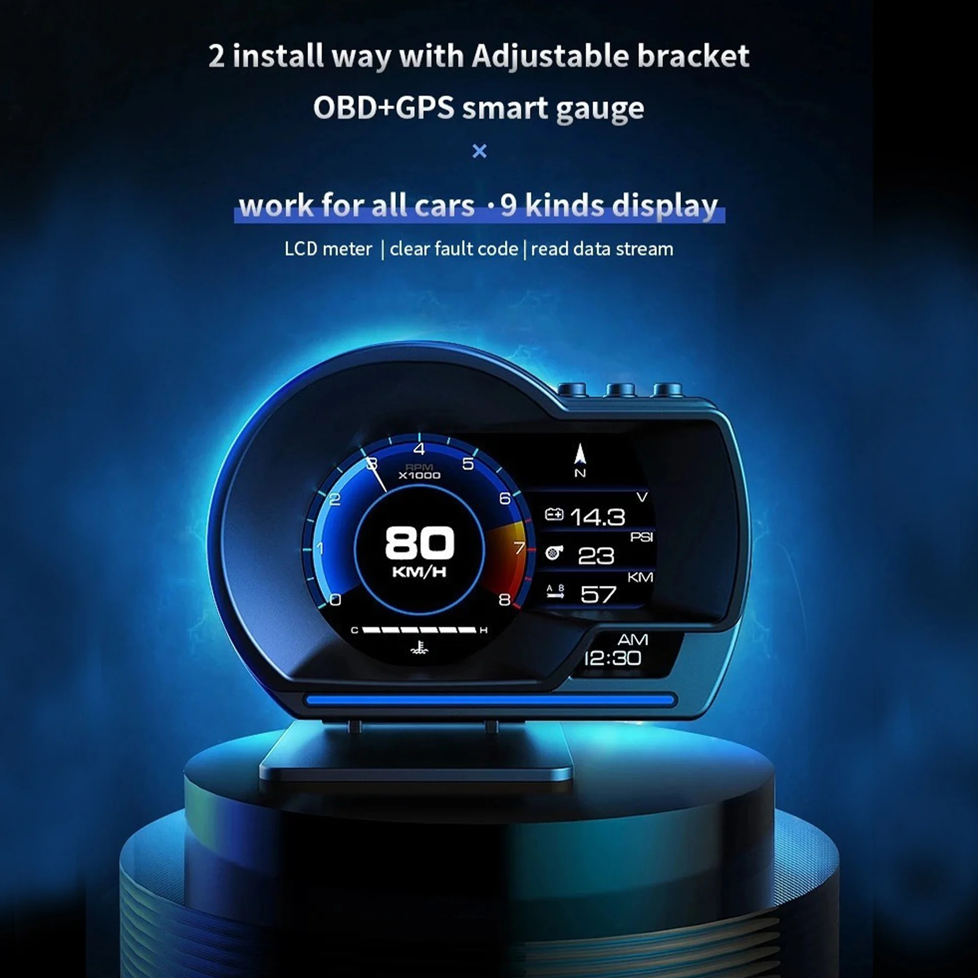 A500 OBD2 Car Head Up Display HUD Smart Car Turbo RPM Water & Oil temp Gauge Digital Odometer Over Speed Warning GPS 3.5