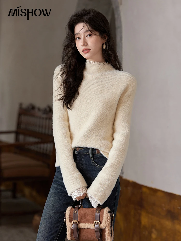 MISHOW أسفل محبوك سترة المرأة الدانتيل حافة تقليد المنك الصوف الياقة المدورة المرأة طويلة الأكمام 2024 الشتاء بلايز MXD55Z0936 #4