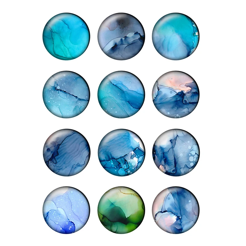 24pcs Watercolor Glass Cabochon Blue Green Grey Color Patterns Round Photo Glass Cabochon Demo Flat Back Making Findings H055