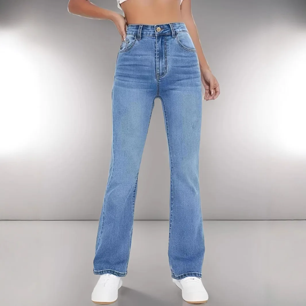 

High Waist Women's Slim Fit Jeans Light Blue Bell Bottom Casual Cotton Folded Hemming Comfortable mid Stretch Chinese Made