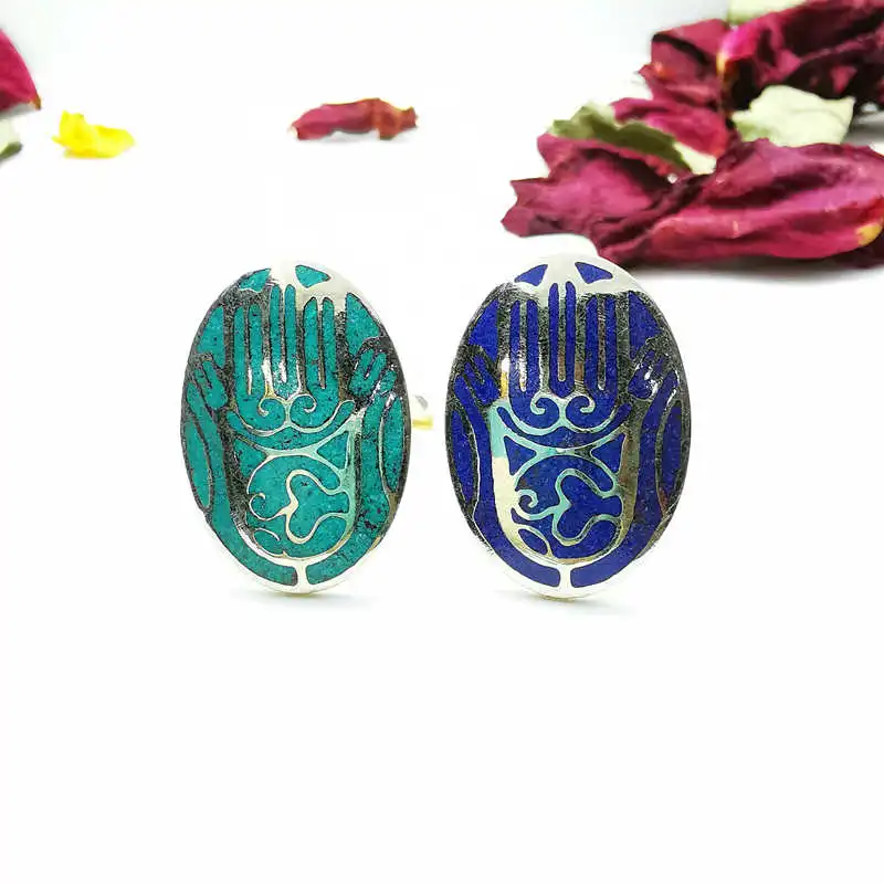Tibetan Rings Buddhist Buddha Hand Amulet Stamp Ring Copper inlaid Stone Oval R030
