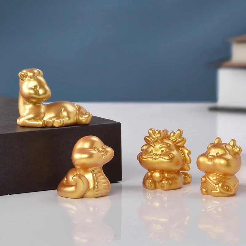 Twelve zodiac golden resin ornaments, mouse, cow, tiger, rabbit, dragon, snake, horse, sheep, monkey, chicken,  pig handicrafts