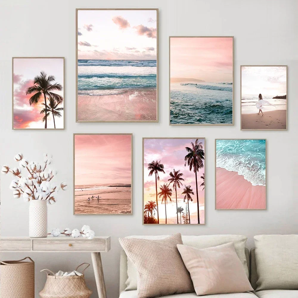 1pc frameless Canvas Painting Pink Sea Beach Canvas Art Painting Surf Poster Coconut Tree Print Pictures Ocean Landscape Nordic