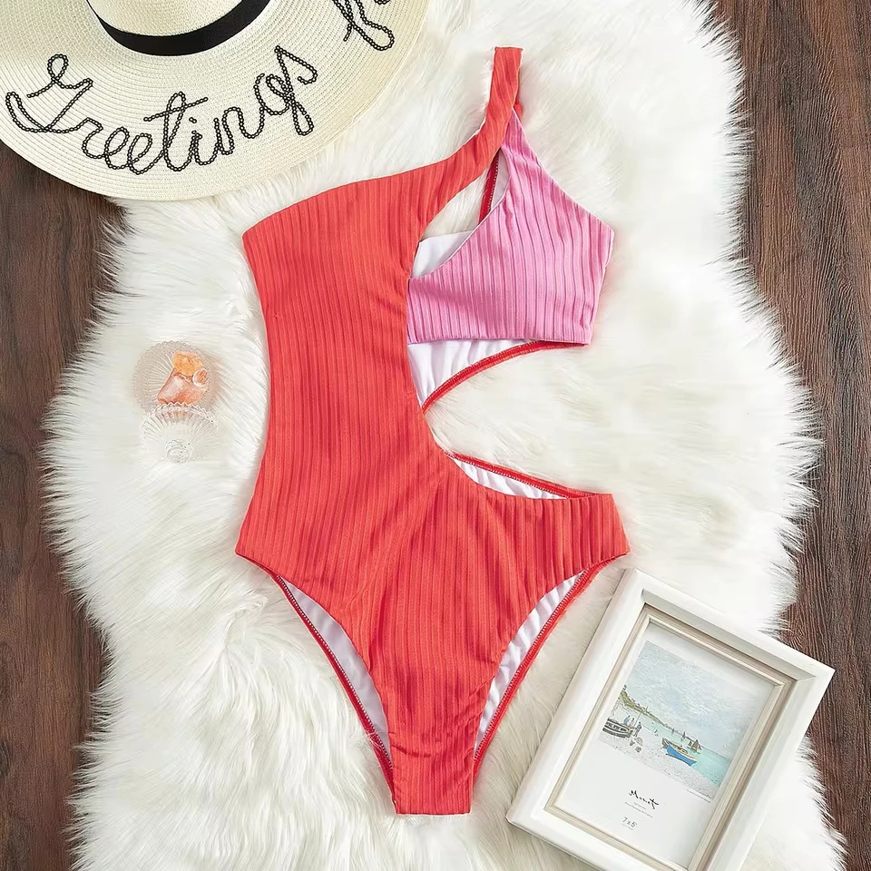 

2024 New Sexy Swimwear Swimsuit Swimming Suit for Women Bikini Set Hollowed Out Sloping Shoulder Collar One Piece Swimsuits